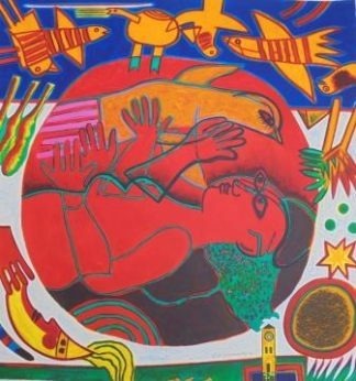 Les oiseaux et femme rouge allongée - Corneille